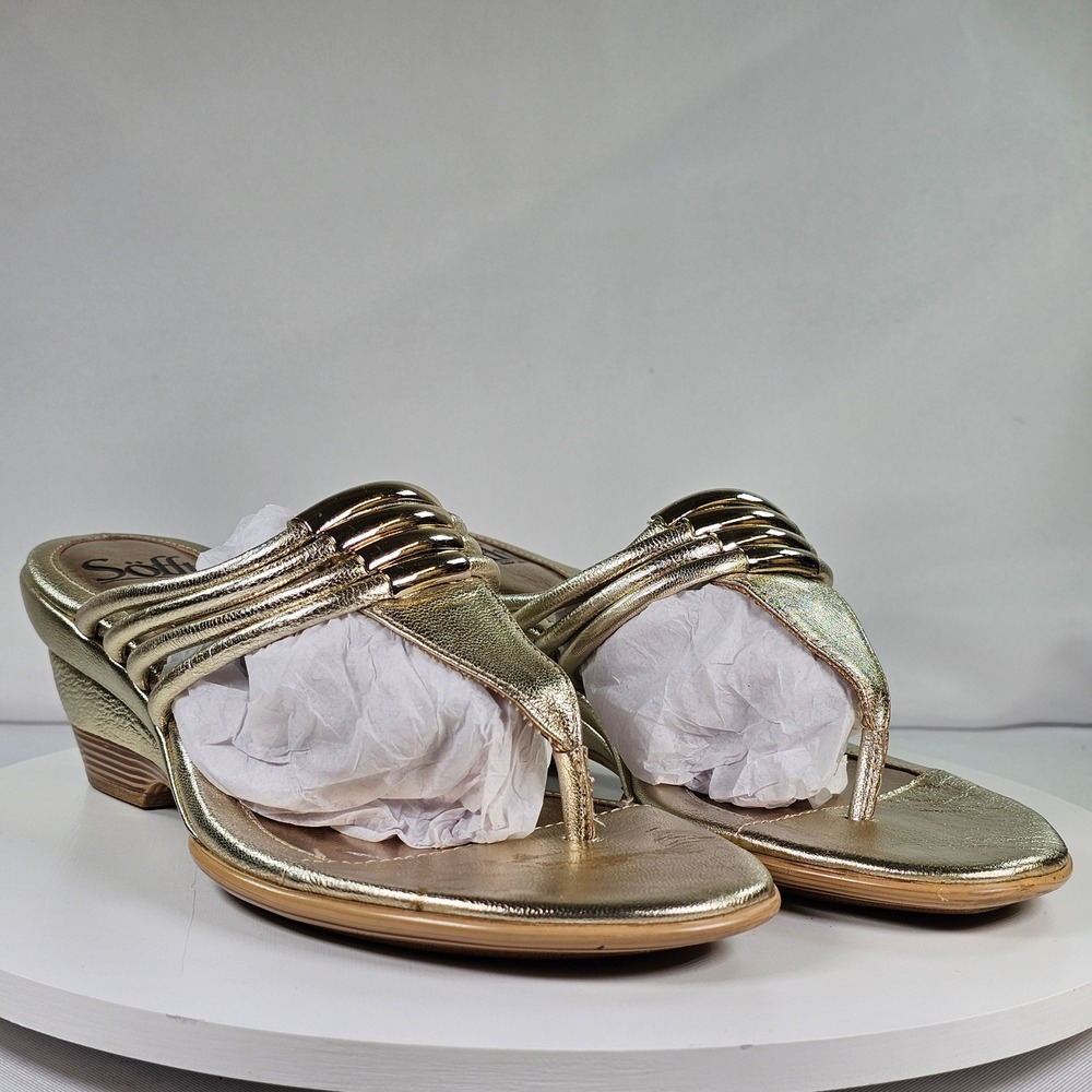 Sofft Gold Metallic Leather Wedge Thong Sandals Womens 7.5 M 1259095 Strappy